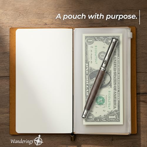WANDERINGS Pocket Size Travelers Notebook Bundle – 4" x 5.1" (10 x 13cm) – Genuine Leather Journal with Pen Holder, Pen, 2 Ink Refills, PVC Folder & Binder Clip - size: Pocket