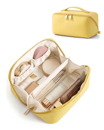 BAGSMART Makeup Bag Travel Cosmetic Bag, Large Make Up Bag Flat Open Toiletry Bag for Women, PU Leather Travel Essentials Organizer Case, Wide-open Pouch Purse for Skincare, Brushes, Yellow - color: 19- Yellow
