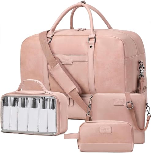 Wogarl Weekender Bag for Women Men Large Overnight Bag Travel Duffel Bag with Shoe Compartment Toiletry Satchel Bag Carry On Bag Fit 21" Laptop - color: Pink