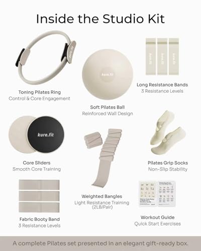 Pilates Kit for Women – Home Pilates Equipment Set with Ring, Ball & Resistance Bands | Pilates Starter Kit with Accessories in Gift Box - color: Beige, style: Studio Kit - 15PC