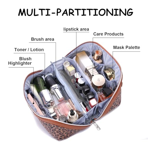 BOYATU Travel Makeup Bag Organizer: 3 Pcs Set Leopard Make up Bag for Women | Vegan Leather Cosmetic Bags with Compartments - Waterproof Toiletry Bag - 180° Open-Flat Make up Case for 3-15 Day Trips - color: 01-Brown