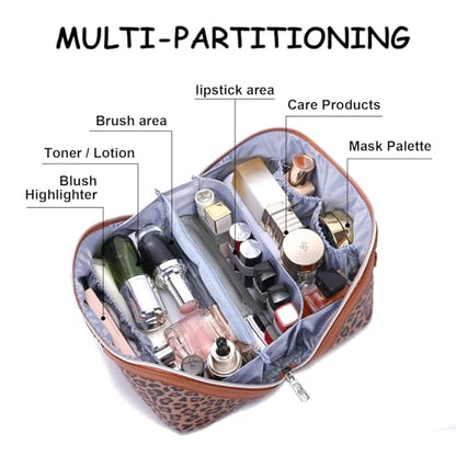 BOYATU Travel Makeup Bag Organizer: 3 Pcs Set Leopard Make up Bag for Women | Vegan Leather Cosmetic Bags with Compartments - Waterproof Toiletry Bag - 180° Open-Flat Make up Case for 3-15 Day Trips - color: 01-Brown