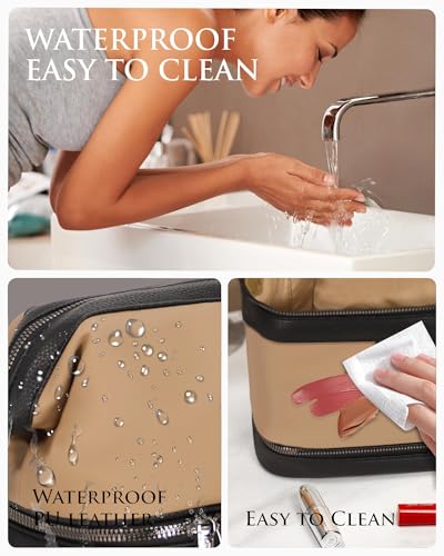Double-Layer Toiletry Bag, Water-Resistant Hybrid Leather Cosmetic Organizer with Wet/Dry Compartments, 26x15x16cm (Khaki, Double layer) - color: Khaki