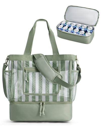 BAGSMART Beach Bag for Women, Mesh Tote Bags with Zipper, Sandproof Vacation Essentials with Cooler for Swim Cruise Pool - color: Green