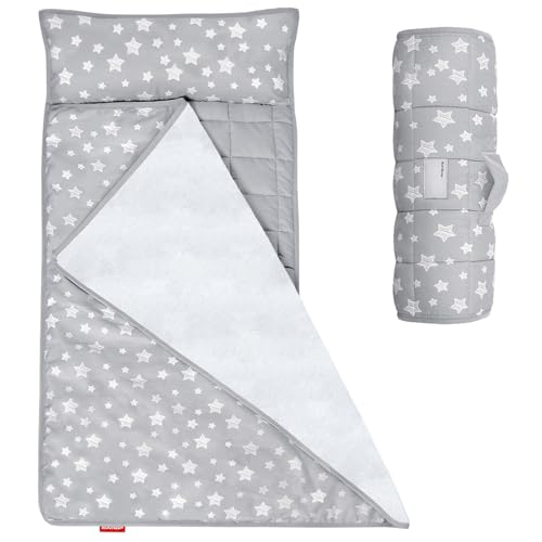 Moonsea Toddler Nap Mat with Pillow and Fleece Minky Blanket Grey, Lightweight and Soft Perfect for Toddlers Preschool, Daycare, Travel Sleeping Bag for Girls, 21" x 50" Fit on a Standard Cot - color: Beige Grey