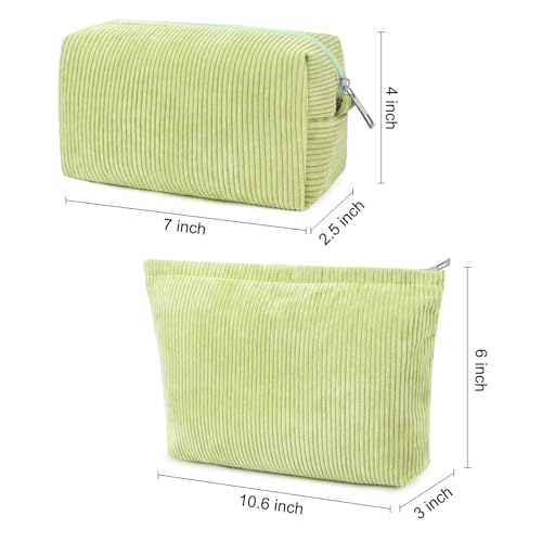 SOIDRAM 2 Pcs Corduroy Makeup Bag Large Cosmetic Bag Toiletry Bag Makeup Pouch Travel Bag Organizer Cute Makeup Brushes Aesthetic Accessories Storage Bag for Women Light Green - color: Corduroy Light Green