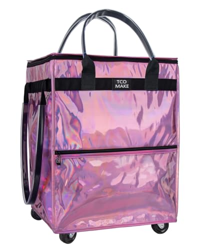 Reusable Grocery Bag on Wheels, Shopping Bags with Wheels and Handle, Folding Rolling Tote Trolley, Zipper Cover, Carries Up to 46 LBS, Waterproof (Medium, Phantom Pink) - color: Phantom Pink, size: Medium