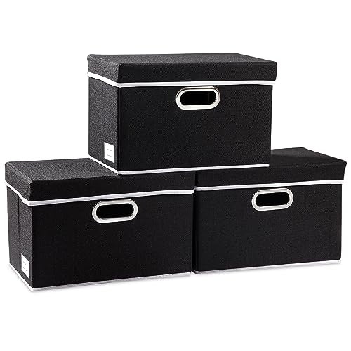 PRANDOM Foldable Storage Box with Lid [3-Pack] Fabric Collapsible Storage Bin Organizer Container Basket Cube with Cover for Home Bedroom Closet Office Nursery Black (14.9x9.8x9.8) - color: Black, size: M(3-Pack)