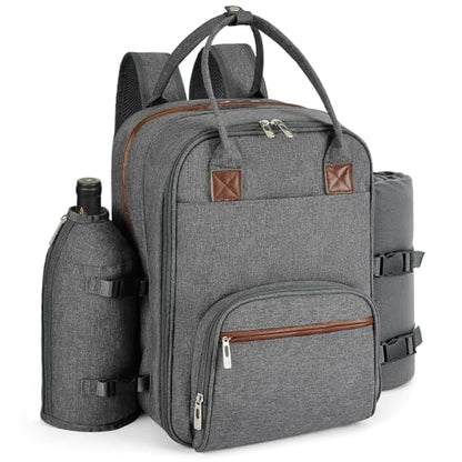 ALLCAMP Picnic Backpack - Insulated Cooler Bag with Compartment, Detachable Wine Glass Holder, Throw Blanket & Cutlery Set, 2 Person Picnic Set for Family Outings, Couple Gifts (Gray) - color: Gray, size: 2 person