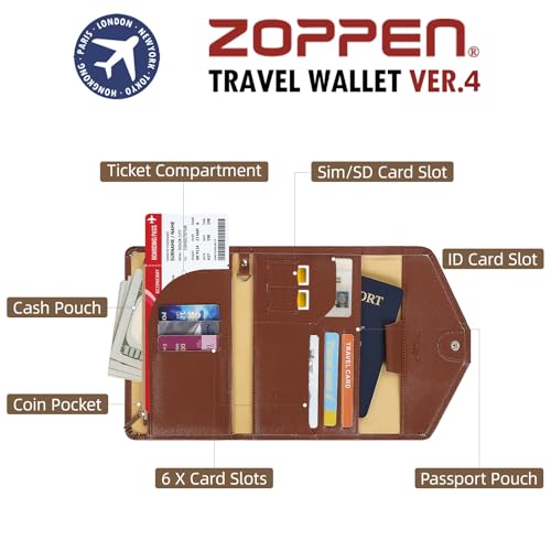ZOPPEN Mulit-purpose Rfid Blocking Passport Holder Travel Wallet (Ver.4) Passport and Vaccine Card Holder ComboTri-fold Document Organizer Travel Essentials - color: #12 Seal Brown