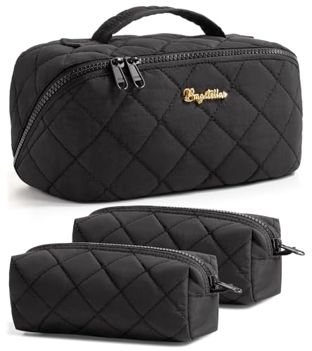 Travel Makeup Bag, 3 Pcs Large Capacity Puffy Toiletry Bag for Women, Open Flat Quilted Make up Cosmetic Organizer w/Handle & Clear Divider Water-resistant Portable Pouch Travel Essentials, M-Black - color: Black, size: medium