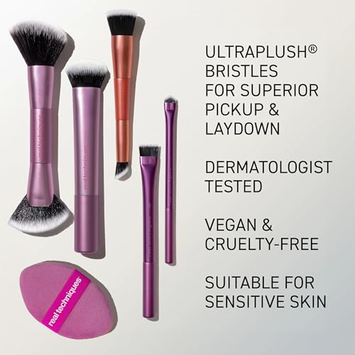 Real Techniques Big Blends Energy Brush + Dual-Sided Puff Kit, 6 Piece Face Makeup Brush & Puff Set for Foundation, Concealer, Powder & Blush, Travel Friendly, Cruelty-Free & Vegan