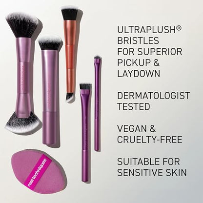 Real Techniques Big Blends Energy Brush + Dual-Sided Puff Kit, 6 Piece Face Makeup Brush & Puff Set for Foundation, Concealer, Powder & Blush, Travel Friendly, Cruelty-Free & Vegan