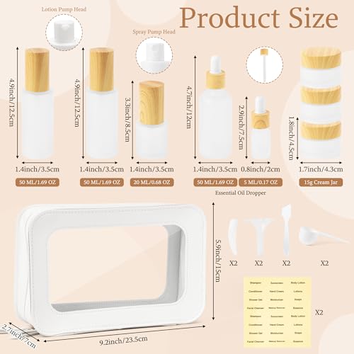 Glass Travel Bottles for Toiletries - 19pcs Skincare Travel Containers with PU Leather Toiletry Bag, Pump Spray Bottle Cream Jar Leak Proof Mini Makeup Containers for Serum Moisturizer Toner