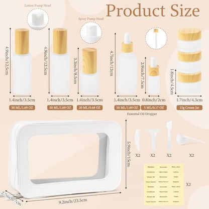 Glass Travel Bottles for Toiletries - 19pcs Skincare Travel Containers with PU Leather Toiletry Bag, Pump Spray Bottle Cream Jar Leak Proof Mini Makeup Containers for Serum Moisturizer Toner