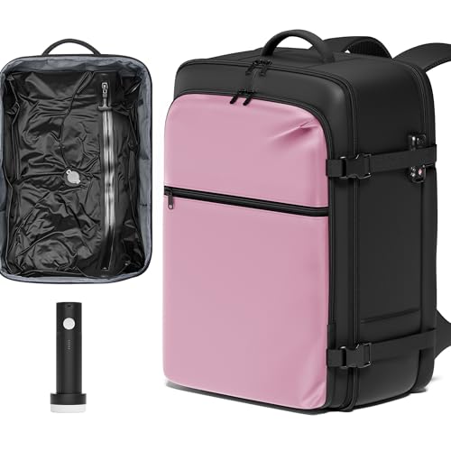 SUOCO Travel Vacuum Backpack with Portable Electric Pump, 45L Carry On Compression Seal Travel Backpack with Vacuum System, Traveling Packing Luggage Suitcase, Pink - color: Pink