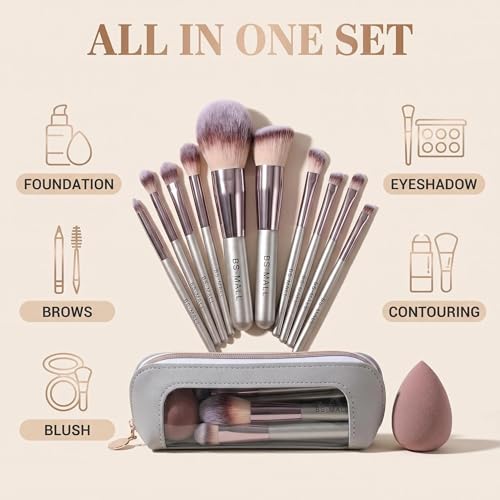 Travel Makeup Brush Set BS-MALL14 PCS Professional Makeup Brushes with Case & Sponge for Foundation, Concealer, Powder, Blush & Eyeshadow, Soft Synthetic Brush Kit for Women, Beginners & Travelers - color: Champagne