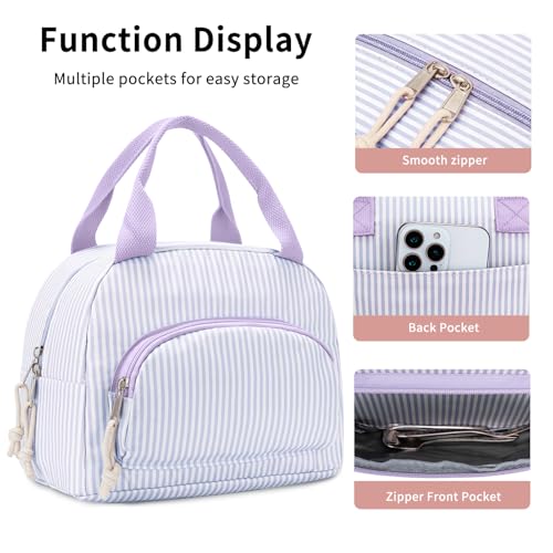 Lunch Bag Women Lunch Box for Women Adult Cute Insulated Lunch Bag Small Cooler Lunch Tote Bags for Work Picnic Travel (Purple Stripes) - color: Purple Stripes