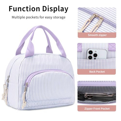 Lunch Bag Women Lunch Box for Women Adult Cute Insulated Lunch Bag Small Cooler Lunch Tote Bags for Work Picnic Travel (Purple Stripes) - color: Purple Stripes