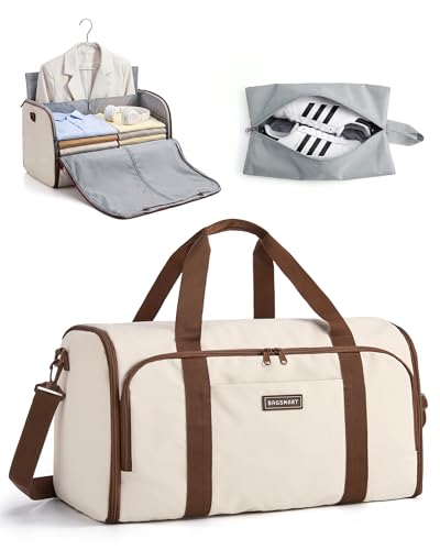 BAGSMART Garment Bag Duffle Bag for Travel Convertible 2 in 1 Suit Bag for Hanging Clothes Carry on Travel Bag with Shoes Bag,Shoulder Strap Weekender for Dresses, Coats, Shirts (White) - color: White