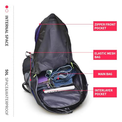 Bseash 50L Hiking Backpack, Water Resistant Lightweight Outdoor Sport Daypack Travel Bag for Camping Climbing Skiing Cycling (Dark Purple - With Shoe Compartment) - color: Dark Purple - With Shoe Compartment