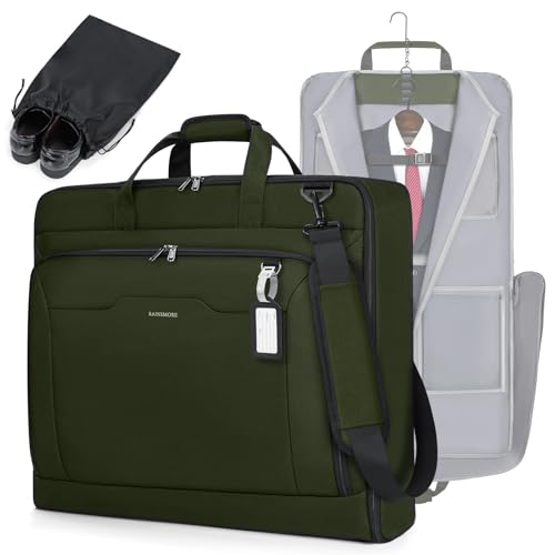 RAINSMORE Garment Bags for Travel Carry On Garment Bag for Hanging Clothes, Suit Bag for Business Trips with Shoes bag & Shoulder Strap, Waterproof Foldable Suit Luggage Bag for Men Women, Green - color: Green