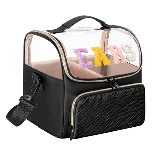 Mouse Ears Travel Case with Detachable Divider, Headband Holder Organizer Bag with Shoulder Strap, Chenille Letter Hair Accessories Storage Box, Black with Gold Zipper - color: Black-Gold Zipper