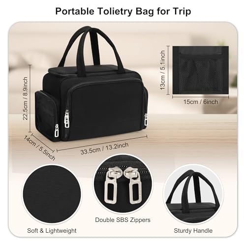 Travel Toiletry Bag for Women, Lightweight Wide-open Toiletries Travel Bag with Handle, Large Cosmetic Organizer with Makeup Brushes Compartment for Essentials for Trip, Camping - Black