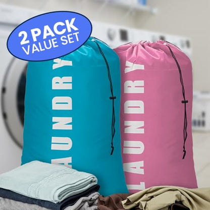 2 Pack Large Travel Laundry Bags, Blue + Pink - 24"x36” Heavy Duty Mesh Machine Washable Dirty Organizer with Drawstring for College - Holds 4 Loads - color: Blue + Pink