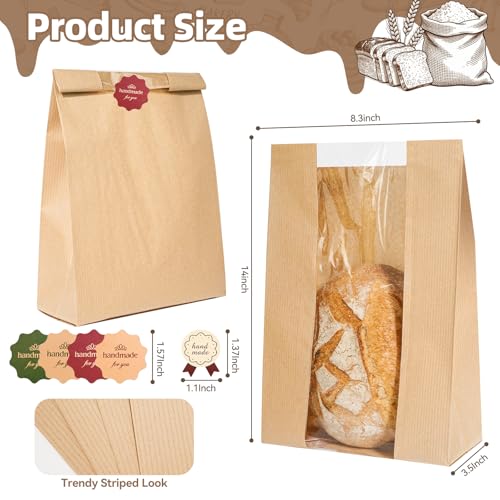 Funcoo 100 Pcs Paper Bread Bags for Homemade Sourdough Bread Bakery Storage Bags with Window, Large Thicker Bakery Loaf Bags for Baked Goods Packaging, Label Seal Sticker Included