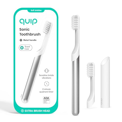 Quip Sonic Toothbrush for Adults with Timer - Includes Extra Brush Head and Travel Cover Mount - Electric, Soft Bristle Refill Head, Metal Handle, 3 Month Battery Life - Travel Toothbrush - Silver - color: Silver