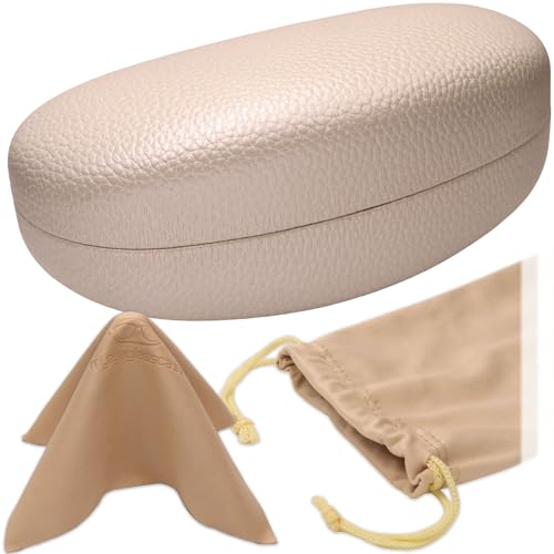 MyEyeglassCase® Large Hard Sunglasses Case | fits Large curved Sunglasses, with microfiber bag and cleaning cloth - color: Pearl /Cream