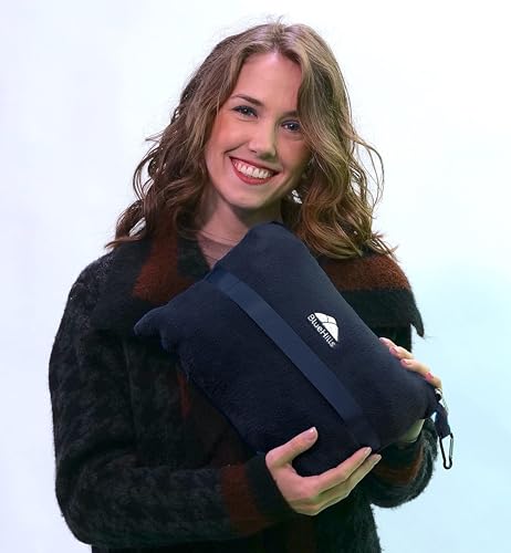 BlueHills Premium Soft Travel Blanket Pillow in Mini Soft Case Plush Airplane Blanket Compact Pack with Luggage Belt and Backpack Clip Long Flights Essentials Navy Blue M04 - color: Navy-m04