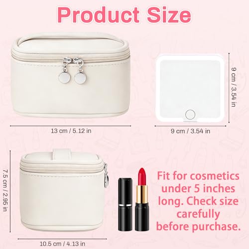 Mini Makeup Bag with Led Mirror, Small Cosmetic Bag with 3 Light Modes Adjustable Brightness, Rechargeable Portable Makeup Pouch with Handle, for Pool Parties丨Work Touch-Ups, Beige