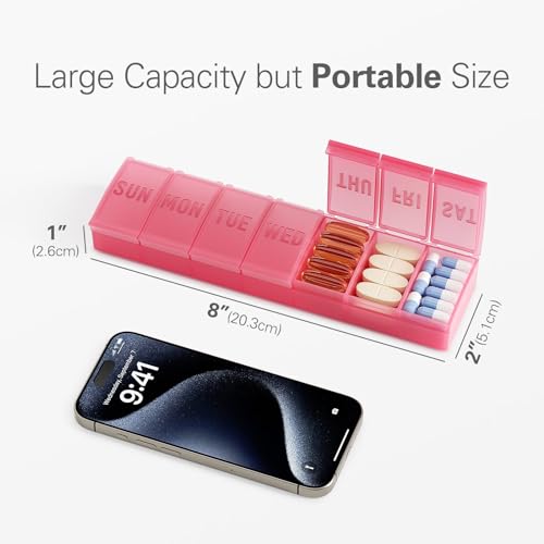 Barhon Pill Organizer Large, Weekly Medicine Pill Organizers, 7 Day Pills Box Case Travel for Big Vitamin Supplements Fish Oil, Red - color: Red