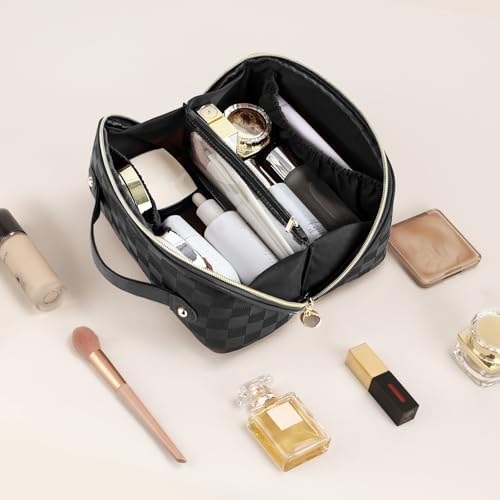 Prite Makeup Bag for Women Travel Waterproof Vegan Leather Cosmetic Bag Open Flat Toiletry Bag With Clear Divider and Handle (Plaid Black, Medium) - color: Plaid Black, size: Medium
