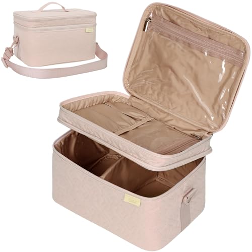 NISHEL Extra Large Double Layer Travel Makeup Bag Women, Cosmetic Organizer Case, Essentials Accessories with Shoulder Strap for Bottles, Brushes, Conditioner, Skin Care Products, Pink - color: Pink, size: Extra Large