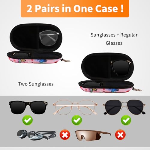 Double Eyeglasses Case, Hard Shell Dual Sunglasses Organizer with Zipper Clip Travel Glasses Storage for Women Men - color: Pink Butterfly