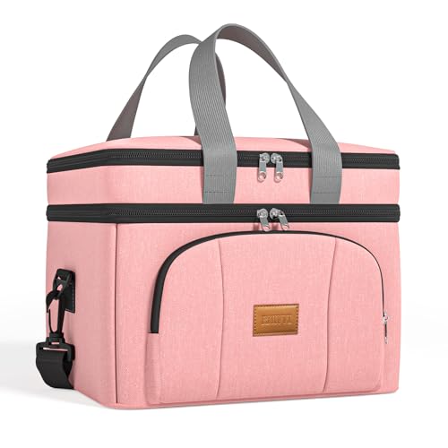 Rnivvi Lunch Box for Women, Double Decker Insulated Cooler Bag Lunch Bag Reusable Leakproof Tote Lunch Container with Strap for Work Family Picnic Hiking Camping, 18 Cans 12L, Large Adults, Rose Pink - color: Rose Pink
