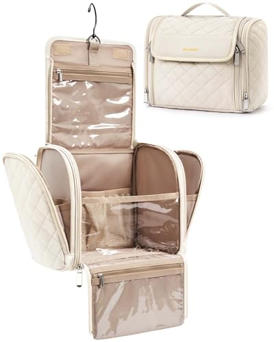 BAGSMART Toiletry Bag Travel Makeup Bag with Hanging Hook, Cosmetic Bag Make Organizer Case, Large Capacity Water-resistant Organizer for Toiletries Accessories Brushes Sponge, Beige - color: Beige, size: Large