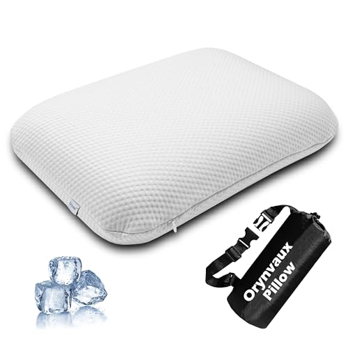 Cooling Camping Pillow, Memory Foam Travel Pillow with Adjustable Buckle Strap & Storage Bag, Compact Small Pillow for Airplane, Car Lumbar, Office, Washable Cooling Cover, Frost White - color: Frost White, size: L-17.5*11.8*4.3in