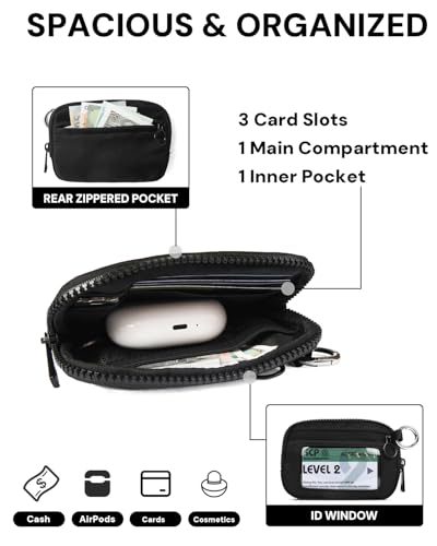 YDF The Iris Wallet for Women Mini Zip Card Case with Clear ID Window Zipper Coin Purse Lightweight Portable Keychain Wallet - color: Black