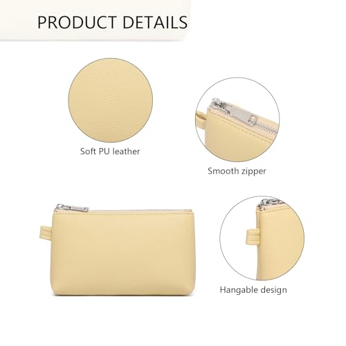 30 Color PU Faux Leather Travel Toiletry Bag for Women, Mini Cosmetic Pouch Organizer with 2 Dividers, Easy Clean Makeup Bag for Purse, Gift Idea (PU Faux Leather/Almond Yellow) - color: PU/Almond Yellow