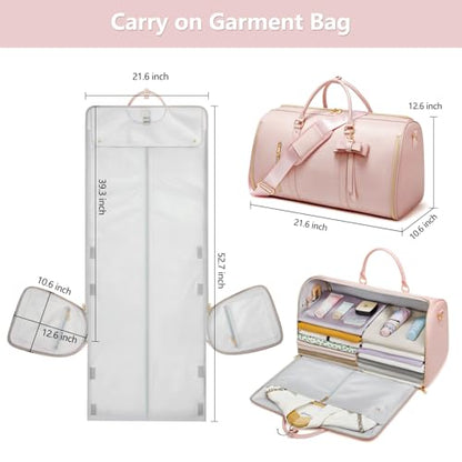 Garment Bags for Travel, Convertible Suit Travel Bag for Women, Fashion & Cute Carry On Garment Bag w/Shoes Pouch, 2 in 1 Foldable PU Leather Hanging Duffle Bag, Single-Zipper Design, Pink - color: Light Pink