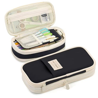 MAMUNU Expandable Pencil case with compartments, Large Capacity Pencil Cases Pencil Bag Pouch Office School, Portable Pencil Case Large School Stationery Organizer, Makeup Cosmetic Bag (Black) - color: Black