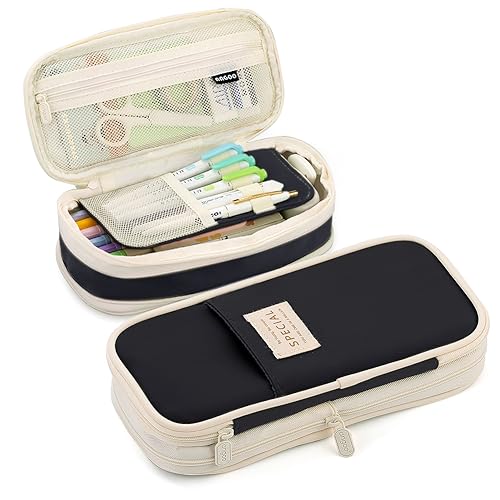MAMUNU Expandable Pencil case with compartments, Large Capacity Pencil Cases Pencil Bag Pouch Office School, Portable Pencil Case Large School Stationery Organizer, Makeup Cosmetic Bag (Black) - color: Black
