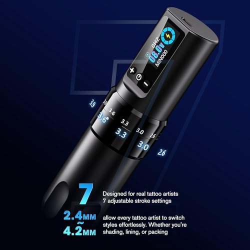 INKin Tattoo Kit for Beginners Complete Set with Tattoo Stencil Printer, Tattoo Gun with 7 Stroke 2.2-4.2mm and 1600mAh Power for Long Time Work of 8 Hours, Full Kit with Tattoo Needles and Tattoo Ink - size: Small Grip