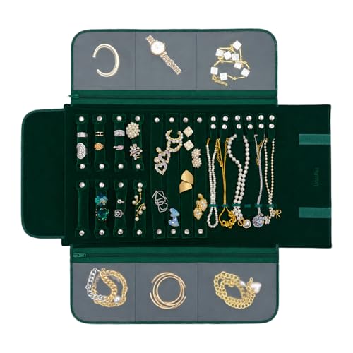 UnionPlus Velvet Jewelry Roll Organizer, Travel Jewelry Case with Multiple Compartments for Rings Earrings Necklaces Bracelets, Compact Portable Jewelry Storage - color: Blackish Green, size: Regular Plus