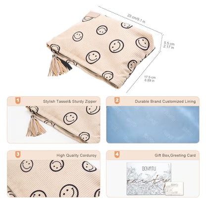 BOYATU Corduroy Travel Makeup Bag: Machine Washable 30+ Times, Fits 4 Bottles & 8 Brushes (22cm), Ultra-Light 120g, Canvas Lined Cosmetic Organizer Pouch, Large Toiletry Purse Gift for Women(01-Khaki)