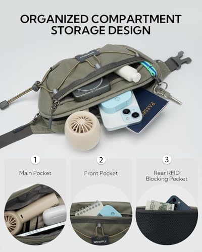 WATERFLY Lightweight Small Fanny Pack: 1.5L Mini Slim Crossbody Waist Belt Hip Bag with RFID Blocking, Anti-Theft & Water Resistant Pouch for Women Men Travel Hiking Running Walking EDC - color: Gray-Green